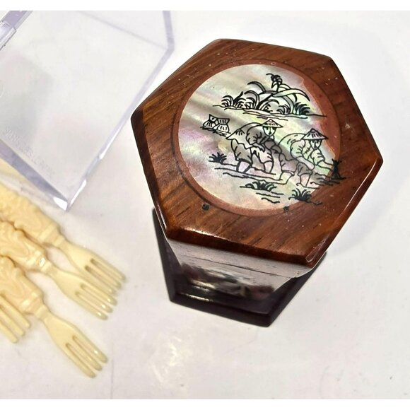 Wooden Toothpick Holder With Mother Of Pearl Inlay & 6 Plastic Fork Picks JE263 - Picture 3 of 6